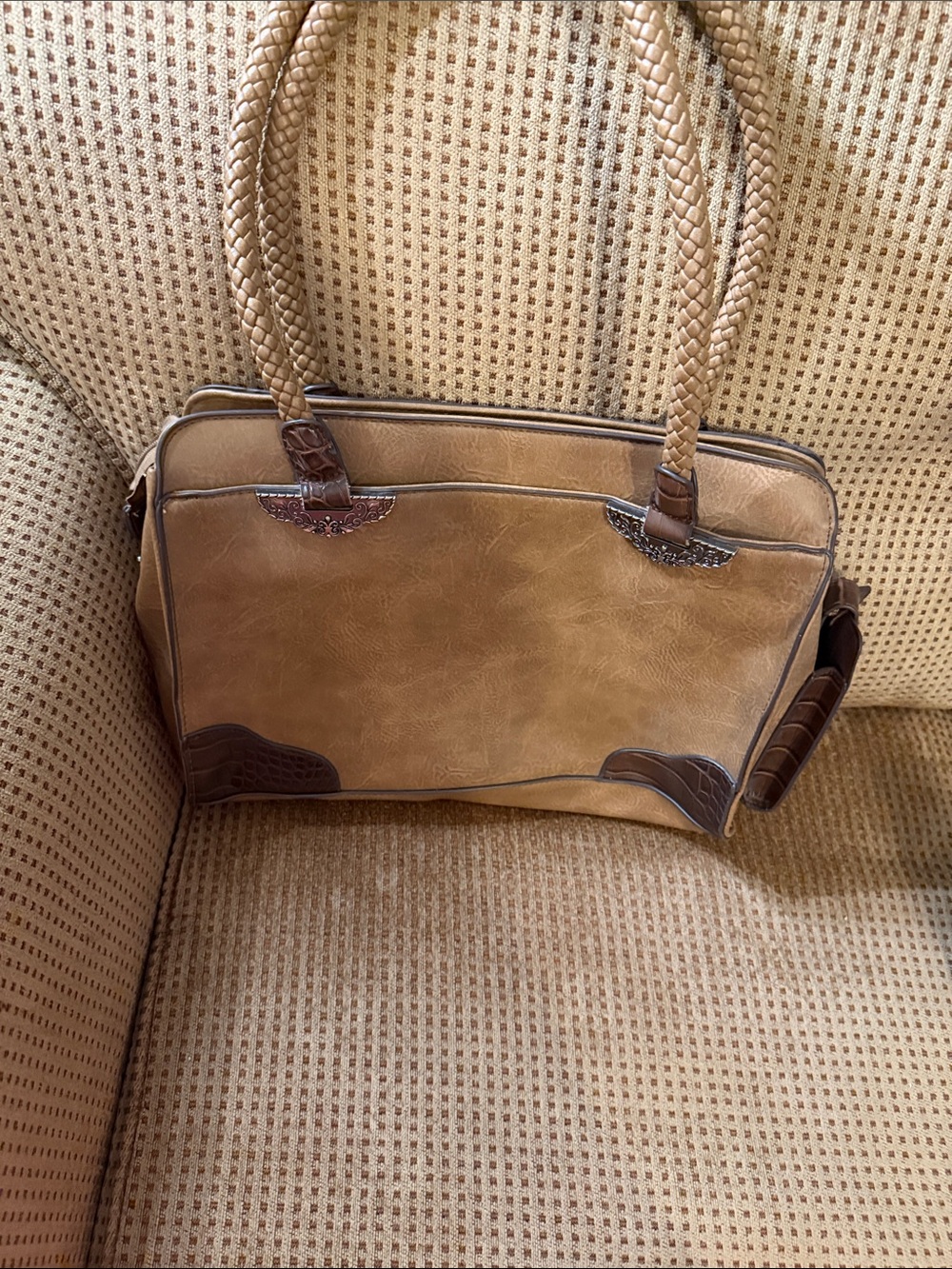 Tan & Brown Faux Leather Braided Handle Satchel